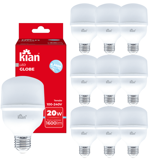10x Lâmpada Led Globe 20w 6.500k Branco Frio E27 Bivolt Kian