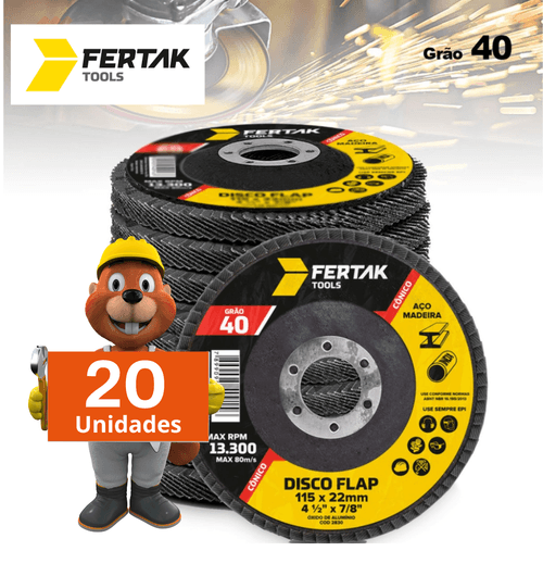 20x Disco Lixadeira Flap Fertak Grão 40 4.1/2 115x22mm