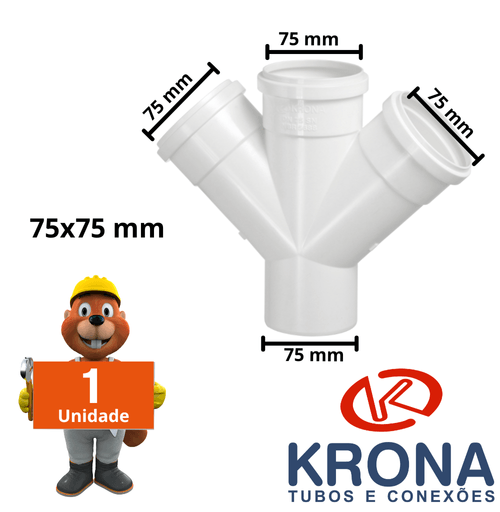 Junção Dupla para Esgoto 75x75 mm cano pvc Krona